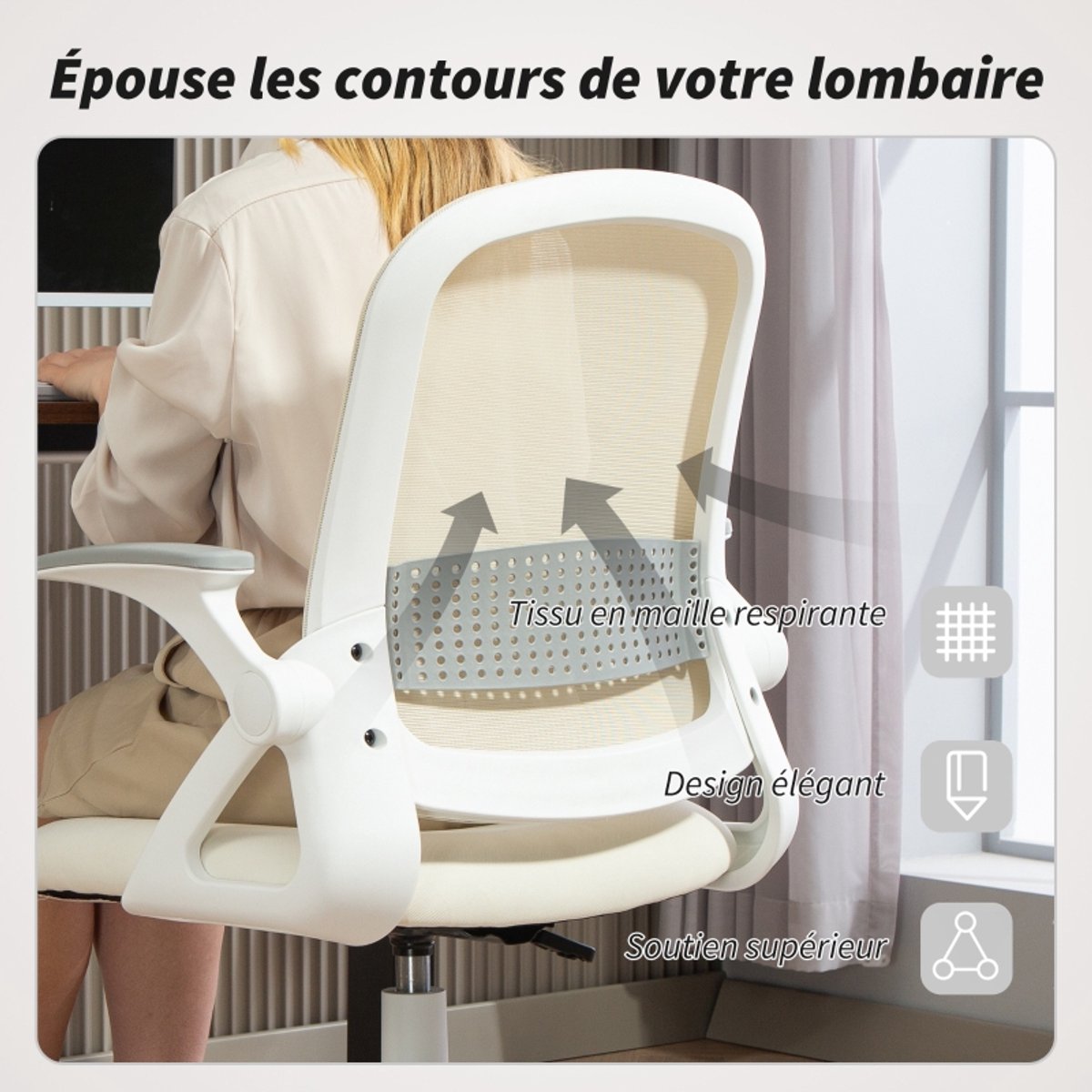 Ergonomische-Bureaustoel-Mesh-Verstelbare-Hoogte-Opklapbare-Armleuningen-360°-Draaistoel-Ademende-Office-Chair-Wit-Comfortabele-Thuiswerk-Stoel – foto 7
