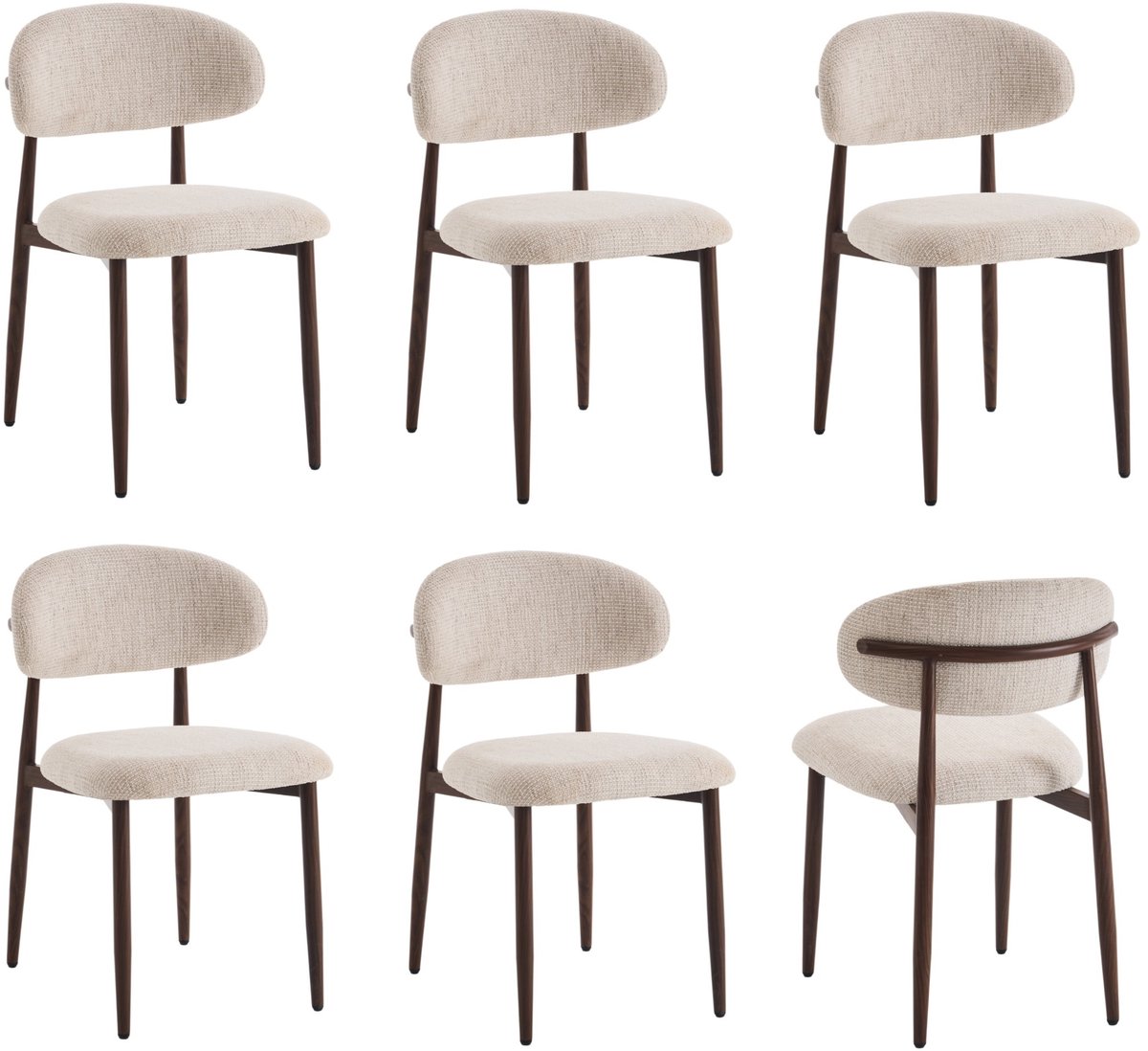 Eetkamerstoelen Set Van 6 - Celia - Beige Walnoot Santi - Japandi Stijl Eetkamerstoel - Kuipstoel - Metalen Poten Houtlook