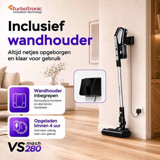 Zwarte steelstofzuiger met muurbevestiging, opgeladen in 4 uur, met tekst 'Inclusief wandhouder'.