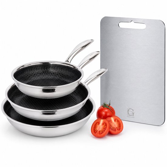 Glissimo Cookware - Batterie de Cuisine 4 Pièces RVS - Planche à Découper - Ensemble de Poêles 20 26 30 cm - Compatible Induction - Pour toutes les sources de chaleur