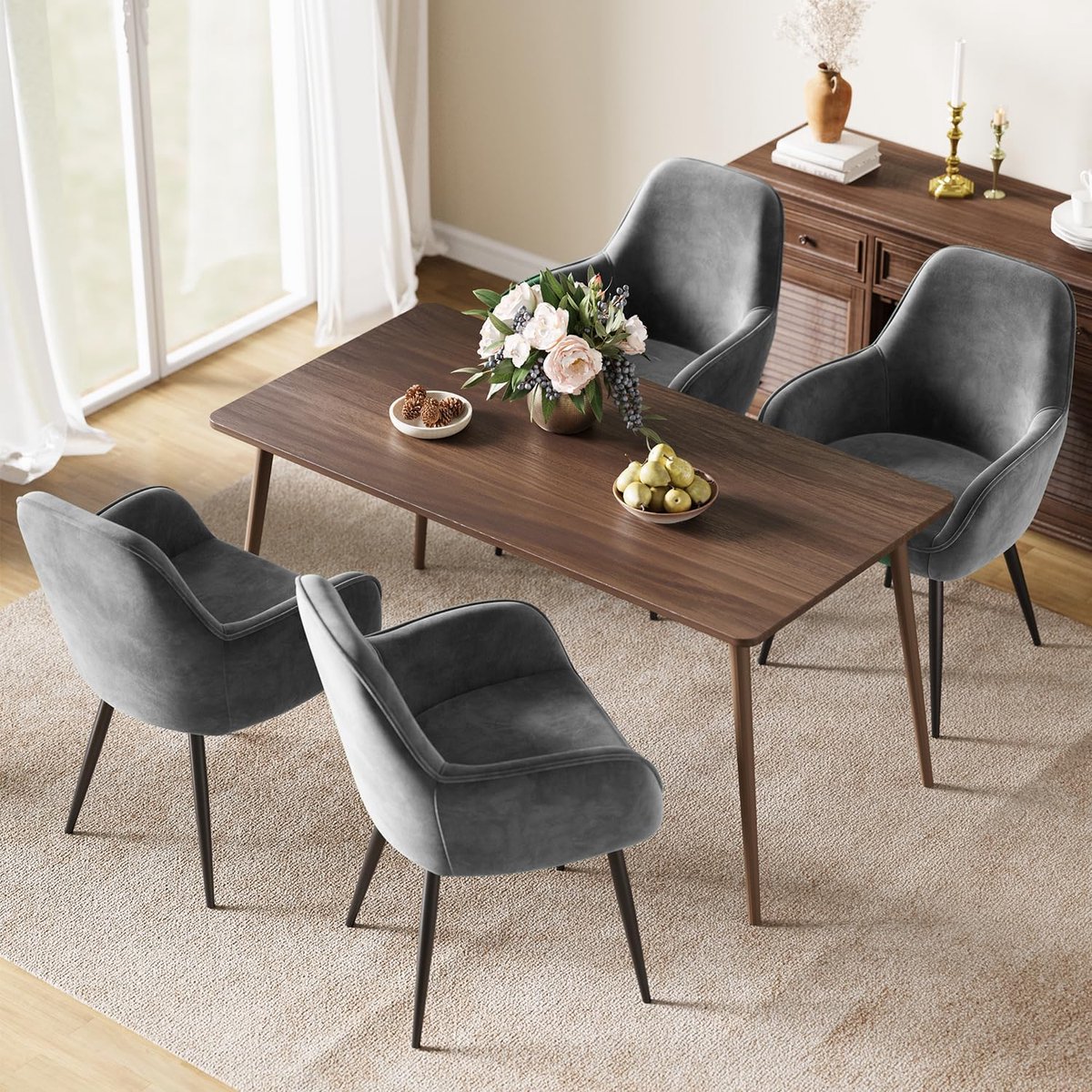Eetkamerstoelen Set van 4 - Luxe Fluwelen Stoelen met Armleuningen - Ergonomische Kuipstoelen voor Eetkamer, Keuken en Woonkamer - 58 x 48 x 83 cm - Grijs - Mobili Bella