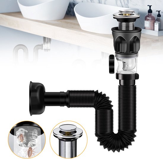 Foto: Afvoerset voor wastafel in de badkamer afvoerputset voor afvalwater flexibele afvoerbuis geurvrije sifon voor gootsteenafvoer