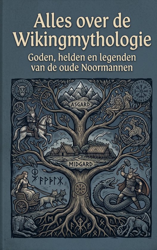 De voorkant van een boek, 'Alles over de Wikingmythologie', met een afbeelding van de Yggdrasil, de wereldboom, met Noorse goden en wezens.