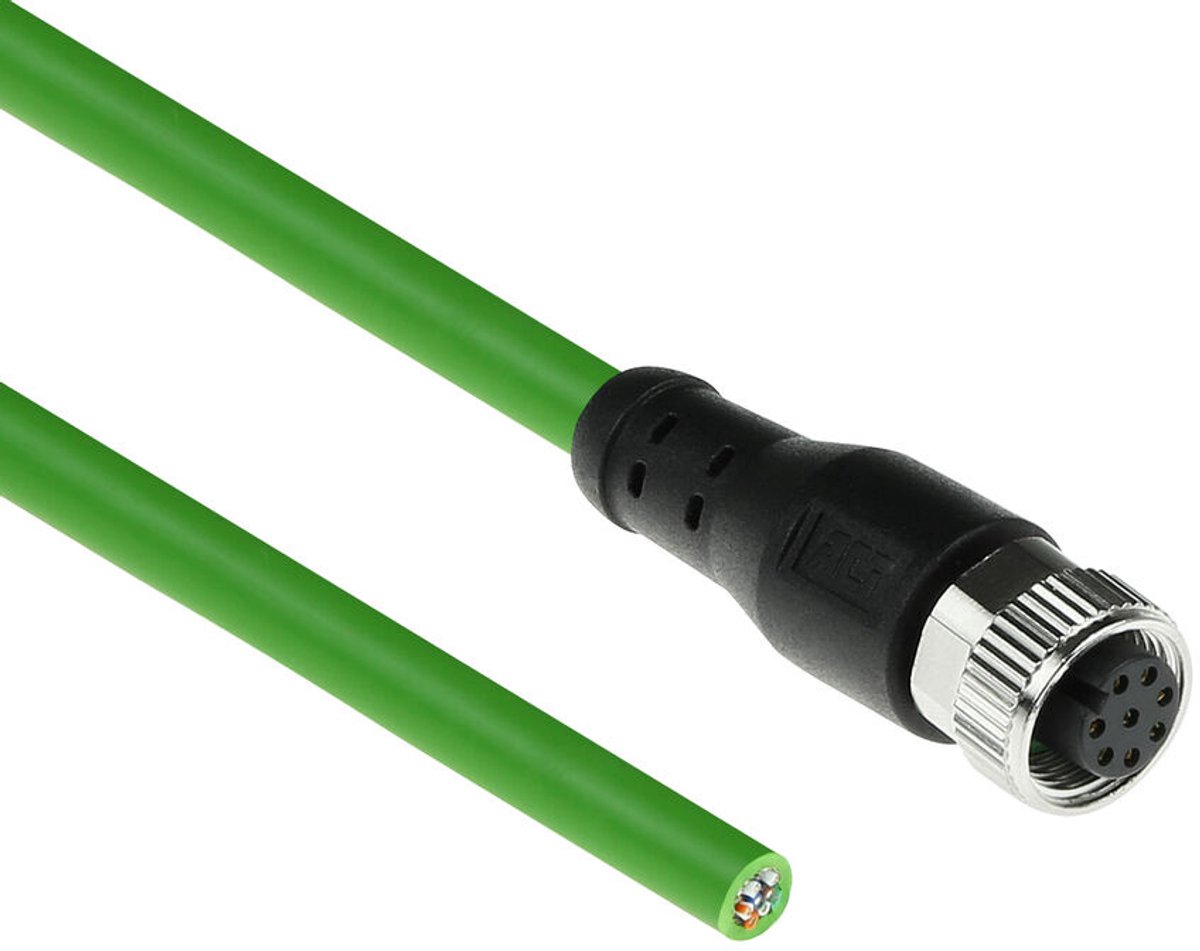 ACT SC3809 Industriële Sensor kabel | M12A 8-Polig Female naar Open End | Ultraflex TPE kabel | Afgeschermd | IP67 | Groen | 5 meter