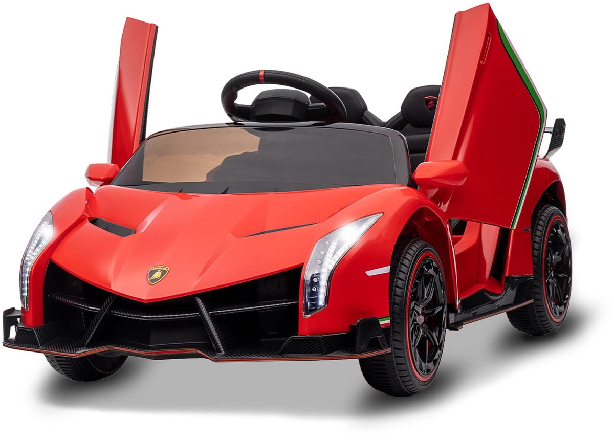 Danky Elektrische Kinderauto Lamborghini Officieel Gelicentieerde 12V - Witte Luxe Accuvoertuig met Afstandsbediening, Lederen Zitje, EVA-Banden & Bluetooth - Geschikt voor Kinderen van 3 tot 8 Jaar - Rood