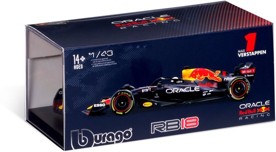 Bburago Red Bull Racing RB18 schaalmodel 1:43, met Max Verstappen livery.