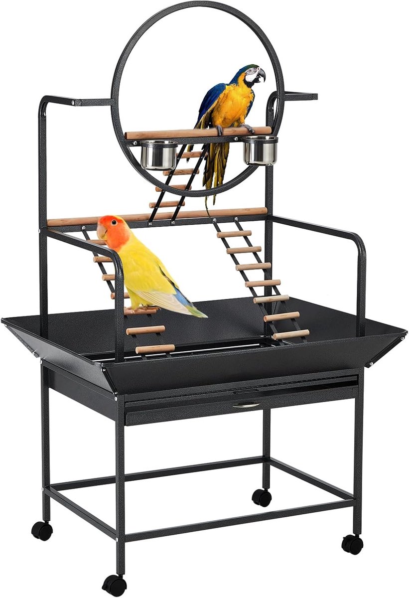 Vogelstandaard met Speelplaats - Mobiele Papegaaienspeelplaats met Zitstokken en Ladders - Smeedijzeren Vogelkooi Standaard - 162 cm Hoog