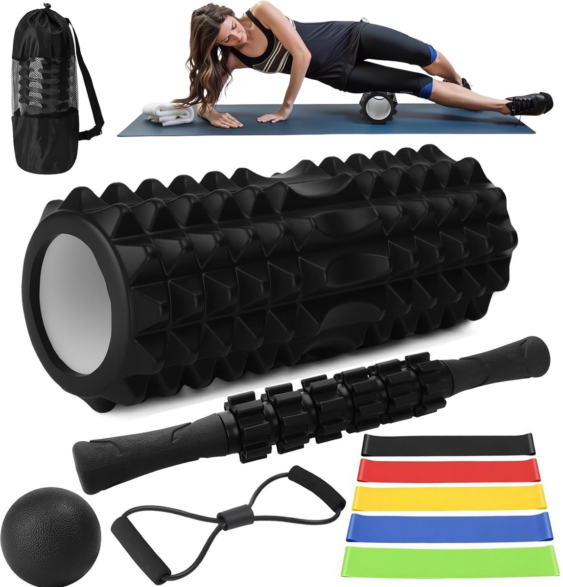 Foam Roller 10-in-1 set - 33 cm Massageroller met Massagebal voor Rug en Nek (belastbaar tot 120 kg) - Inclusief massagebal, massagestick en weerstandsbanden - voor verlichting van rug en nek, yoga, pilates, fitness, herstel en flexibiliteit