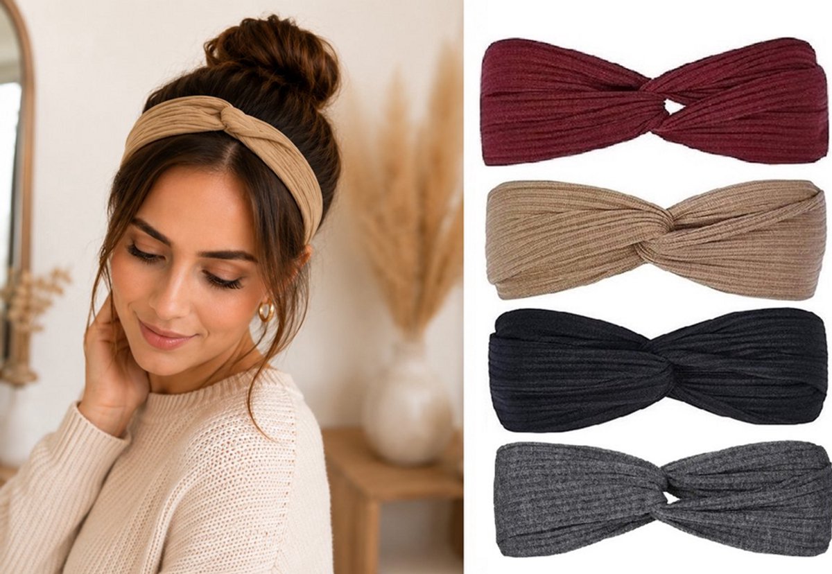Gebreide Dames Haarbanden met Knoop - Set van 4 - Stretch Haarbandjes voor Vrouwen - Rood, Beige, Zwart & Grijs - Comfortabel voor Alle Seizoenen