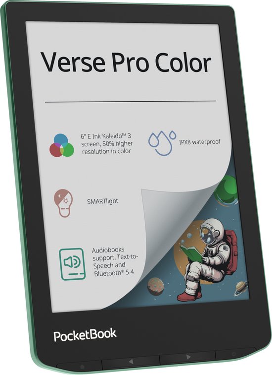 PocketBook Verse Pro Color e-reader met deksel opgelicht, met astronaut-illustratie en specificaties.