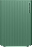 Groene PocketBook e-reader met verticale ribbeltextuur. Logo 'PocketBook' rechtsboven.