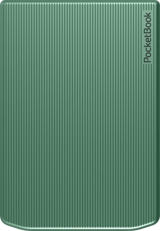 Groene PocketBook e-reader met verticale ribbeltextuur. Logo 'PocketBook' rechtsboven.