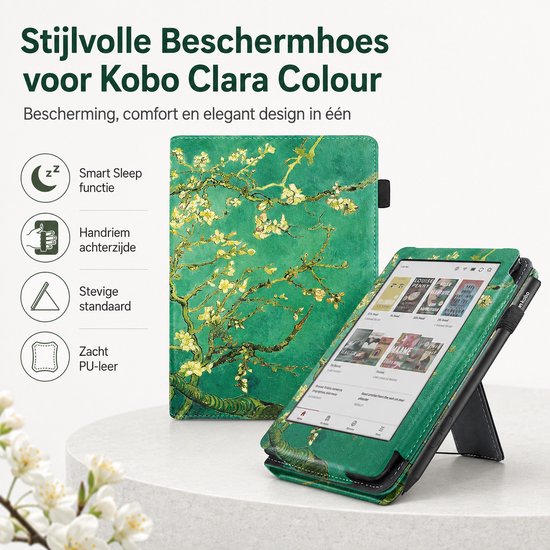 BukkitBow - Beschermhoes geschikt voor Kobo Clara Colour - E-reader Cover - Smart Sleep Cover - Bloemen / Bloesem motief - Groen van Merkloos — afbeelding 2