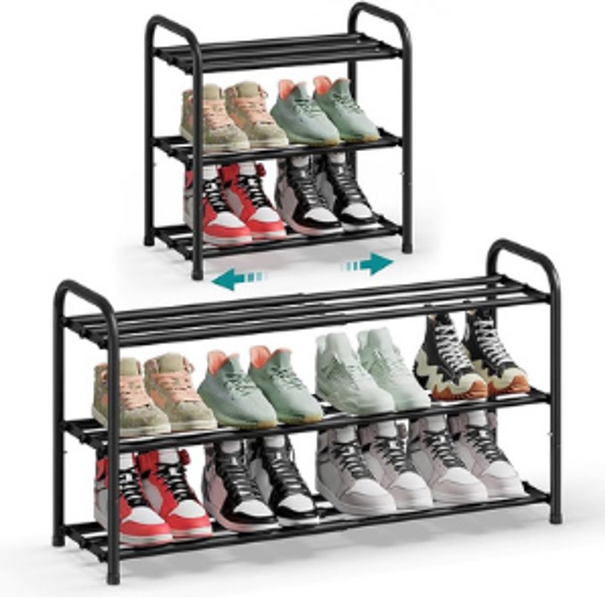 Uitschuifbaar schoenenrek 3 lagen metaal inktzwart verstelbare breedte 44,5-82,4 cm 25x44,5-82,4x47,7 cm.