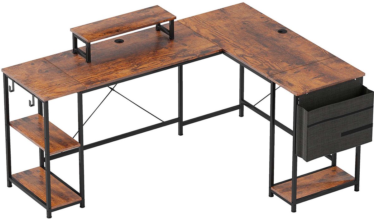 FANGDE L-vorm hoekbureau computerbureau tweepersoons werk- en gametafel studeertafel 168x120x90cm bruin met 2 haken opbergvak opbergtas en monitorstandaard stevig duurzaam metalen frame eenvoudig te monteren en schoon te maken