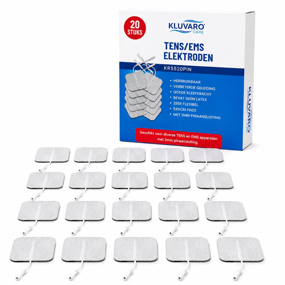 Kluvaro TENS EMS Elektroden Pads - Elektrodentherapie Apparaat - 2 mm Universeel - Extra Kleefkracht - 5x5 cm - 20 stuks