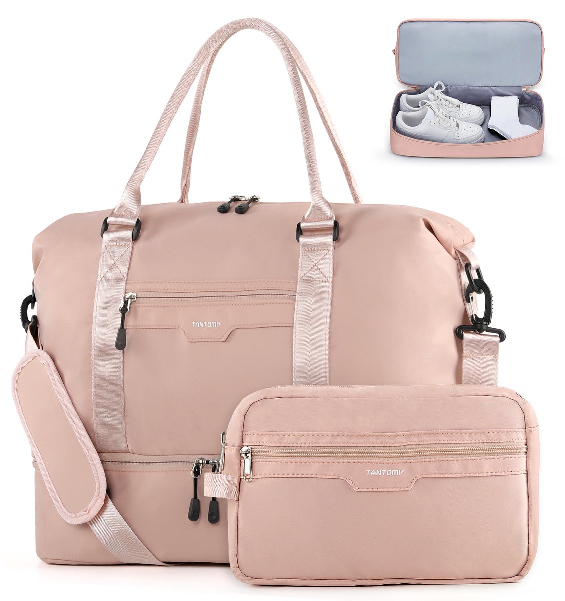 TANTOMI - Reistas Handbagage - 46x23x32cm - voor Dames en Heren - met Schoenenvak & Toilettas - Waterdicht - voor reizen, sport, fitness - Weekendtas - Sporttas - Roze