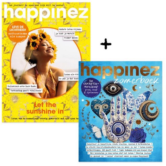 Twee magazines: "happinez" met een vrouw met zonnebloemen op haar hoofd en "happinez zomerboek" met een hand mandala, oog, maan en sterren.