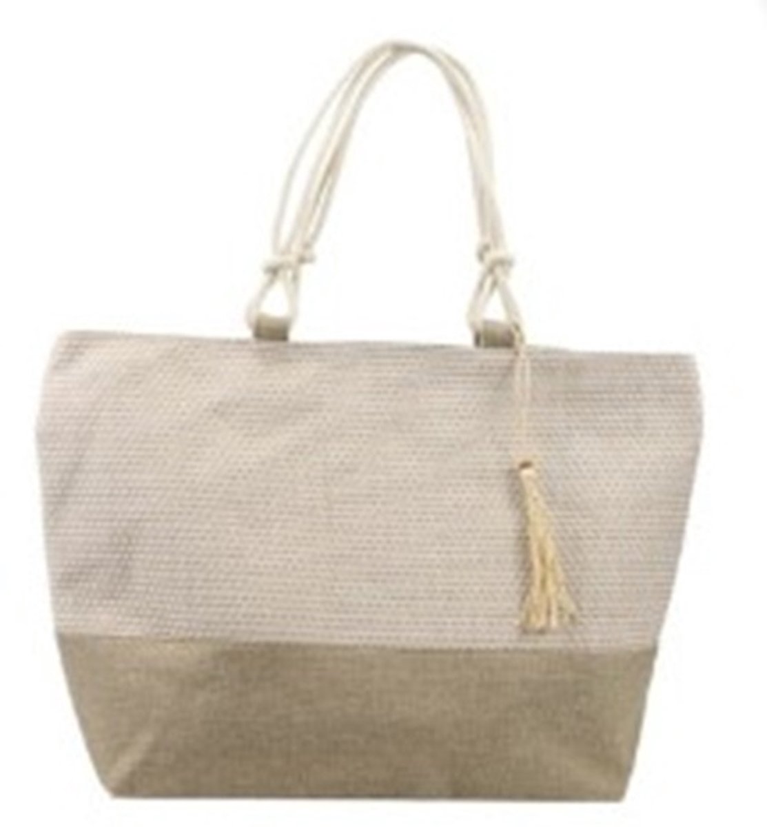 XL Strandtas Dames – Grote Shopper Tas met Gevlochten Raffia‑Patroon – Ruime Beach Bag voor Strand, Vakantie & Dagje Uit – Naturel/Beige