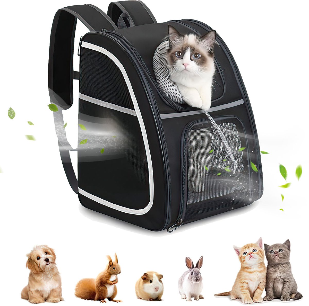 Opvouwbare Kattenrugzak met Ademend Gaas - Grote Draagtas voor Kat en Kleine Hond - Zwart 4-Ring Stalen Frame
