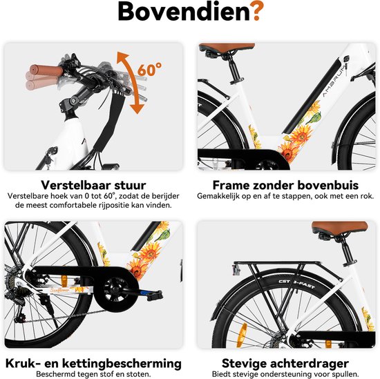 HILAND Starry elektrische stadsfiets - 26 inch - 250W motor - 50km actieradius - 36V 7.8Ah accu - Shimano 7-versnellingen - Unisex - Wit — afbeelding 2