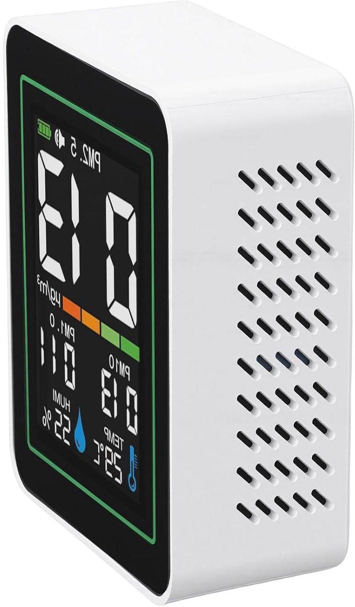 Luchtkwaliteitsmeter - Binnenlucht Sensor - Gezond Leven - Continu Monitoring - 18 Uur Batterij - Wit