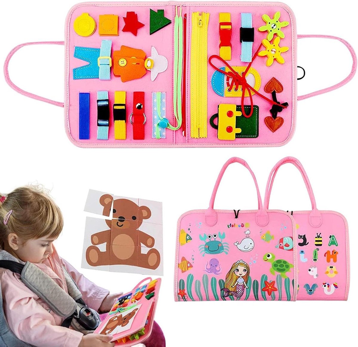 Voorschools Druk Boek - Sensorisch Bord - Levensvaardigheden Leren - Zacht Vilt Materiaal - 28 x 23 cm - Roze