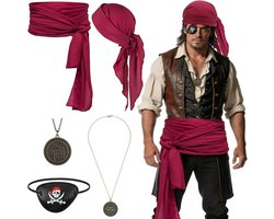 Pack of 4 Pirate Costume for Men, Accessory Pirate Necklace, Pirate Belt, Red Headscarf, Pirate, Eye Flap for Carnival, Cosplay, Halloween (Pirate Costume Men)