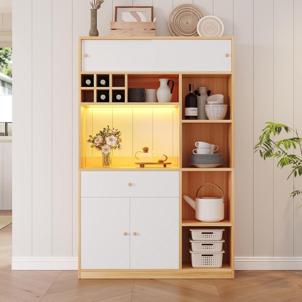 Keukenbuffetkast - Dressoir buffetkast - Keuken opbergen - Verstelbare LED verlichting - 115x35x180 cm - Wit naturel