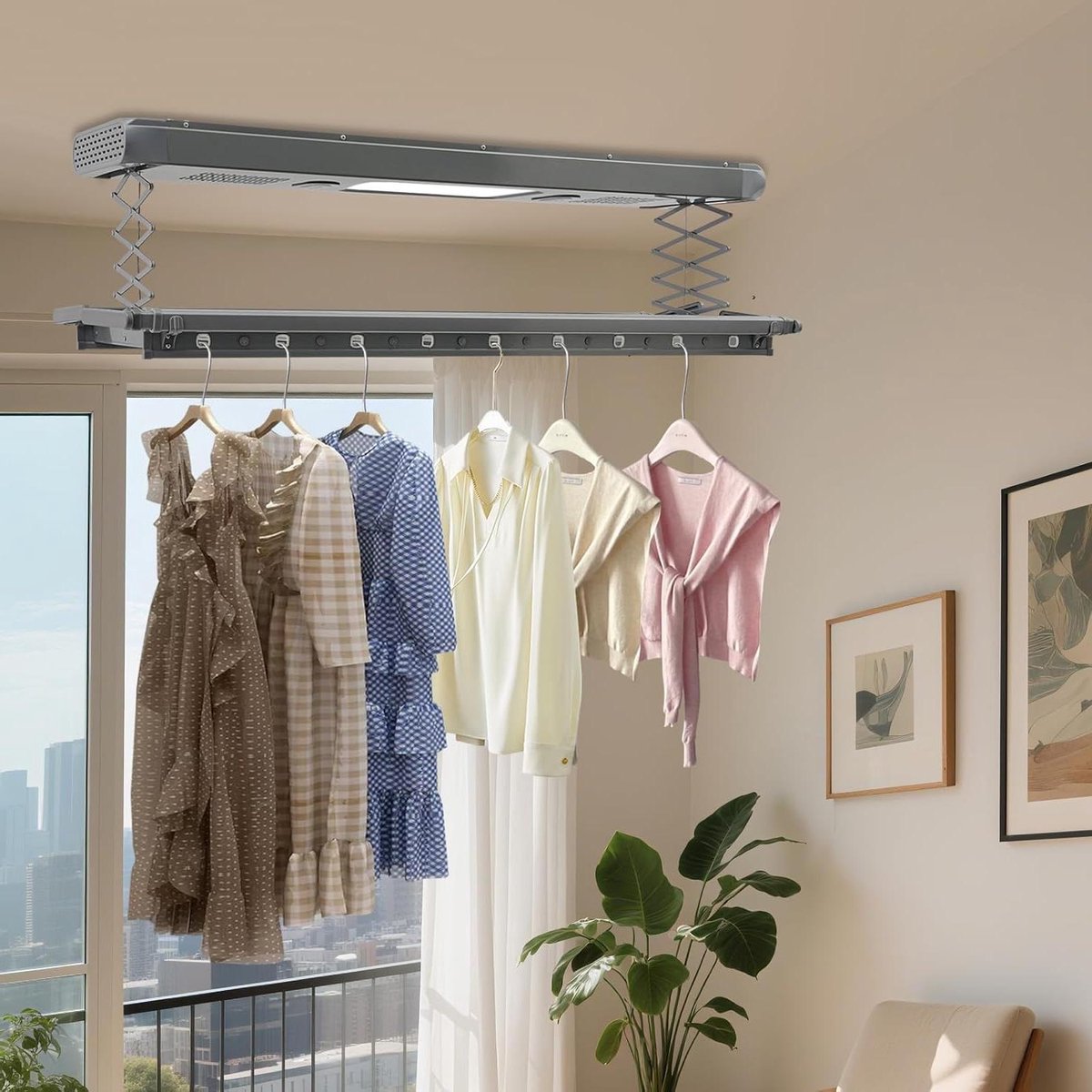 Elektrisch Wasrek - Droogrek Plafond - Kleding Drogen - Met Blauw Licht Sterilisatie - 130-215 Cm Uittrekbaar - Grijs