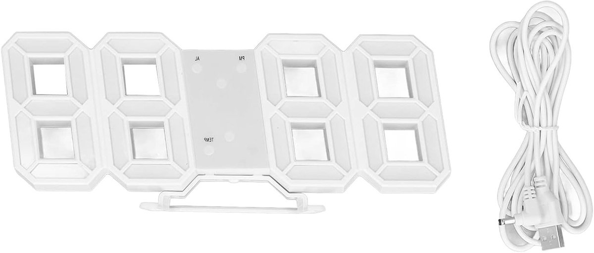Minimalistische 3D LED Wandklok met Witte Lijst, Digitale Alarmklok en Temperatuurweergave voor Thuis en Woonkamer