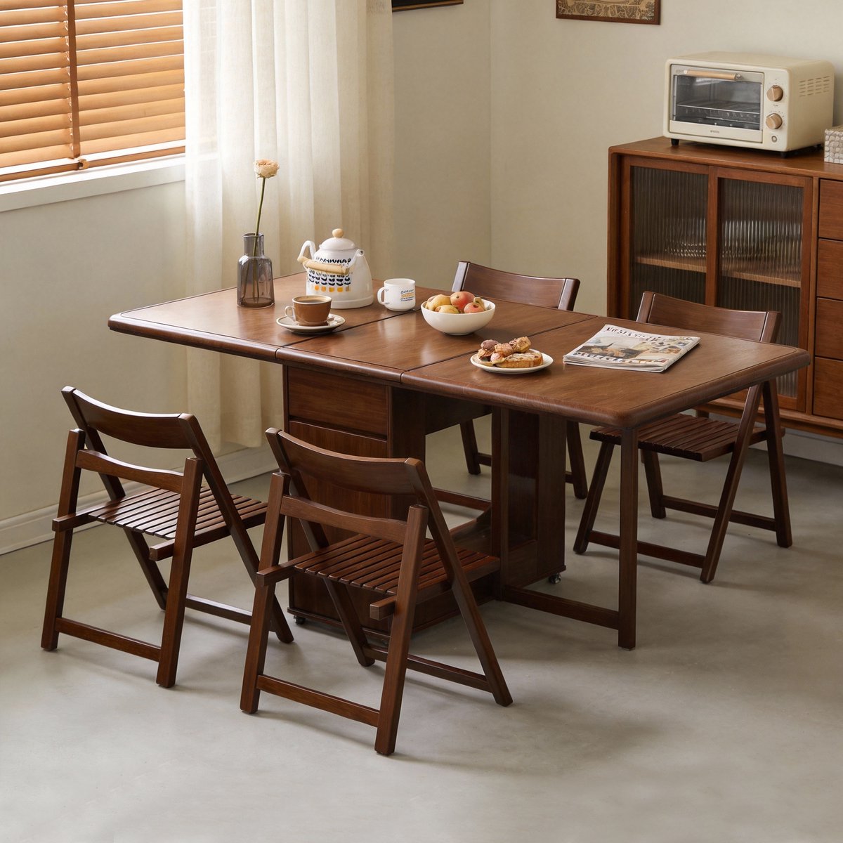 oleylucklive-Eettafel Inklapbare| Eettafel Uitschuifbaar| Opvouwbaar| Ruimtebesparend Klaptafel| Modern en Stijlvol| Donkere Walnoot| 130x80x75 cm| met 4 stoelen