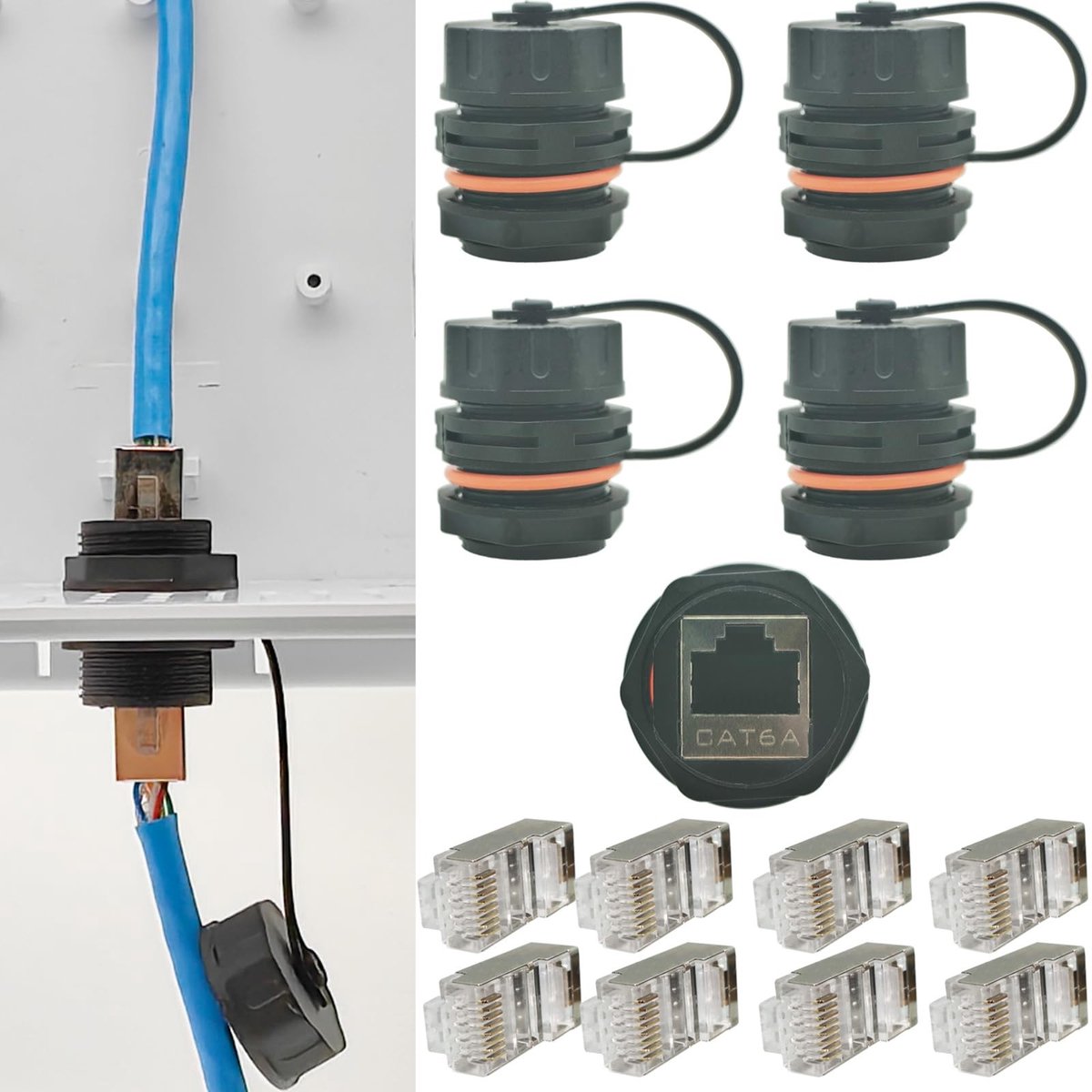 Dailygoody - Waterdichte RJ45-koppeling - CAT6A Ethernet-kabelconnector - 4 stuks - Kristalkoppen - Afgeschermd - Voor industriële toepassingen - Incl
