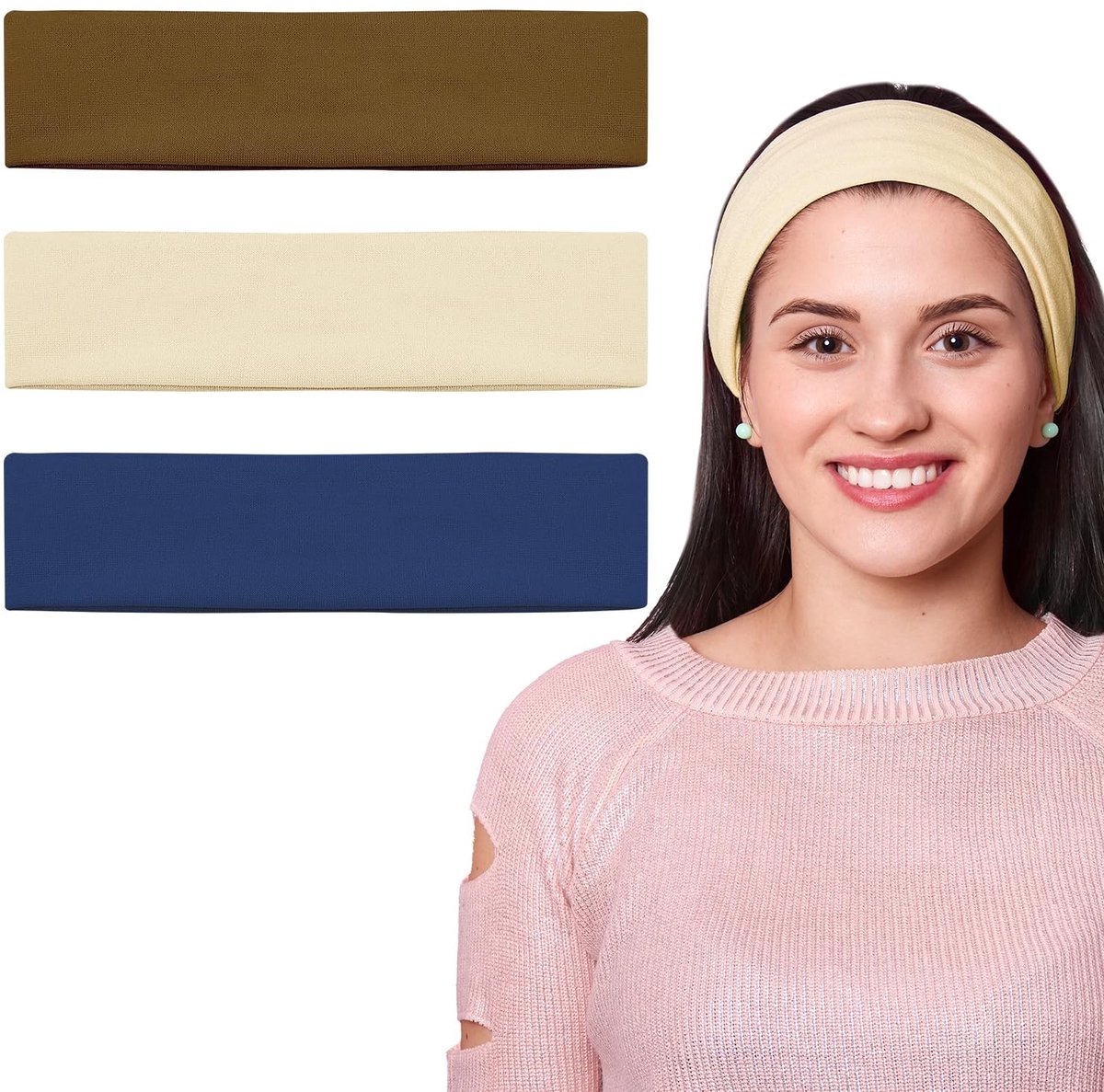 Dailygoody - Hoofdbanden - Sporthoofdband - Rekbaar en comfortabel - Beige, bruin, donkerblauw - Perfect voor yoga en fitness - Geschikt voor dames en...