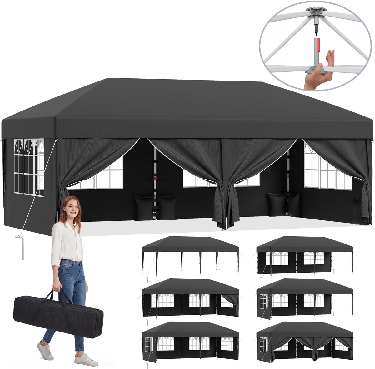 Devoko partytent–Opvouwbaar tuinpaviljoen 3x6–pop-up tuinpaviljoen in 20 sec–Waterdicht & UV-bestendig–met opbergtas–6 zijwanden–Grijs