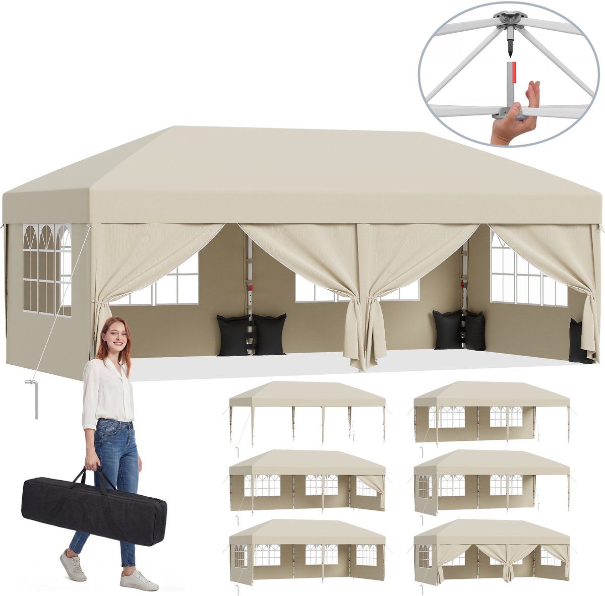 Devoko partytent–Opvouwbaar tuinpaviljoen 3x6–pop-up tuinpaviljoen in 20 sec–Waterdicht & UV-bestendig–met opbergtas–6 zijwanden–Beige