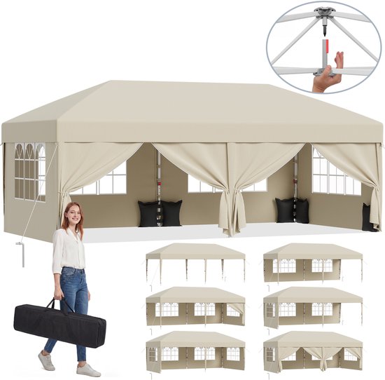 Devoko partytent–Opvouwbaar tuinpaviljoen 3x6–pop-up tuinpaviljoen in 20 sec–Waterdicht & UV-bestendig–met opbergtas–6 zijwanden–Beige
