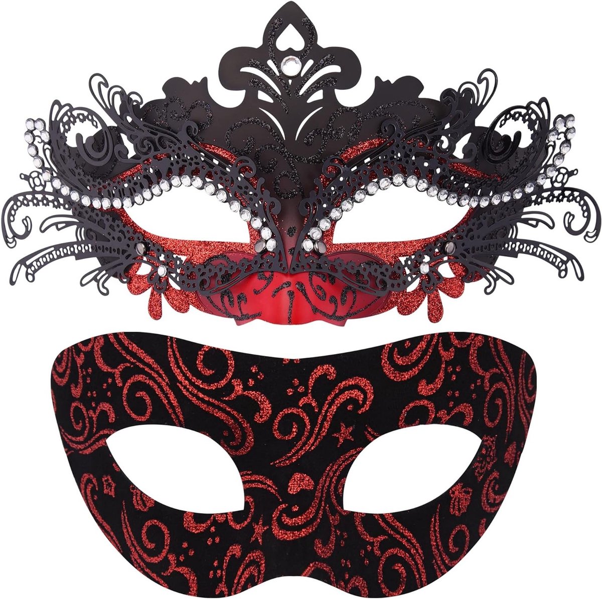 Elegante Venitiaanse Maskers voor Stellen - Zwart en Rood Metaal, Perfect voor Halloween en Feestjes, Uniek Kostuum Accessoire