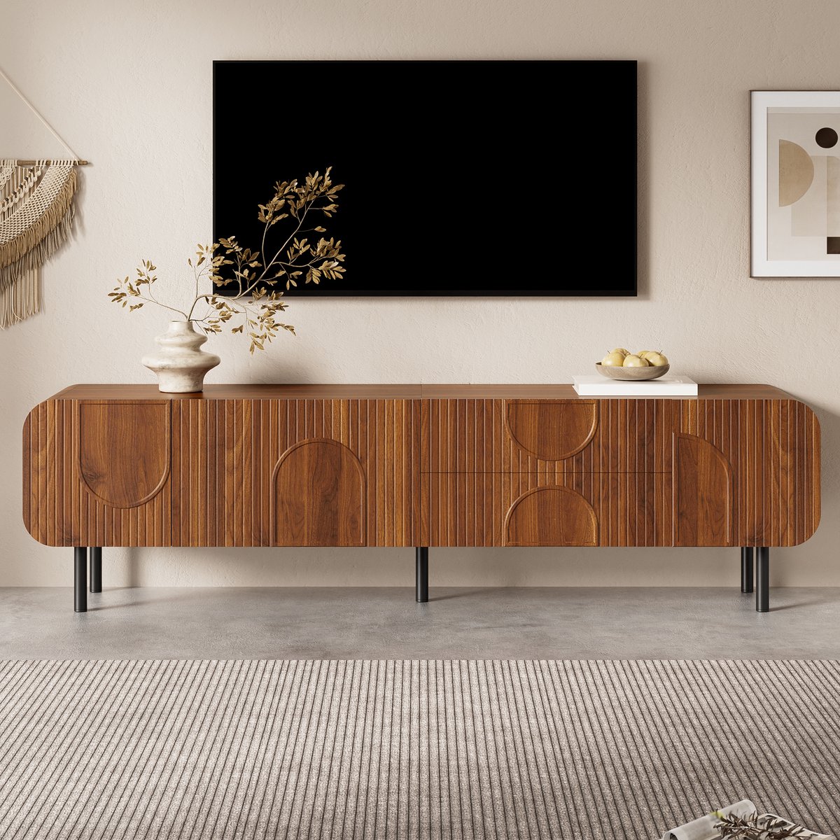 VVBV TV-meubel 180 cm walnootlook met 3 deuren, 2 lades, kabeldoorvoer en metalen poten – mid-century design Walnut