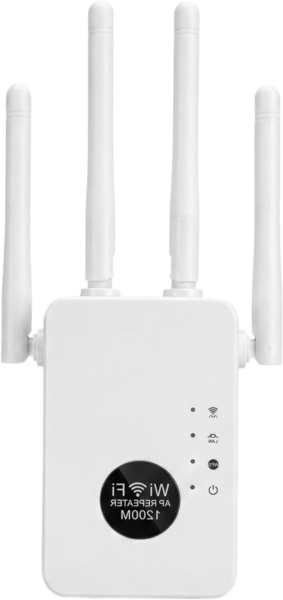 WLAN-repeater 1200 Mbps, draadloze signaalversterker met dual-band 2,4 G en 5 GHz, netwerkextender voor thuis met lange reikwijdte, 4 antennes en ethernet-poort, ap/routermodus en 360°-afdekking