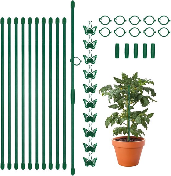 Set groene plantenstokken, vlinderclips, ringen en verbindingsstukken met een tomatenplant in pot.