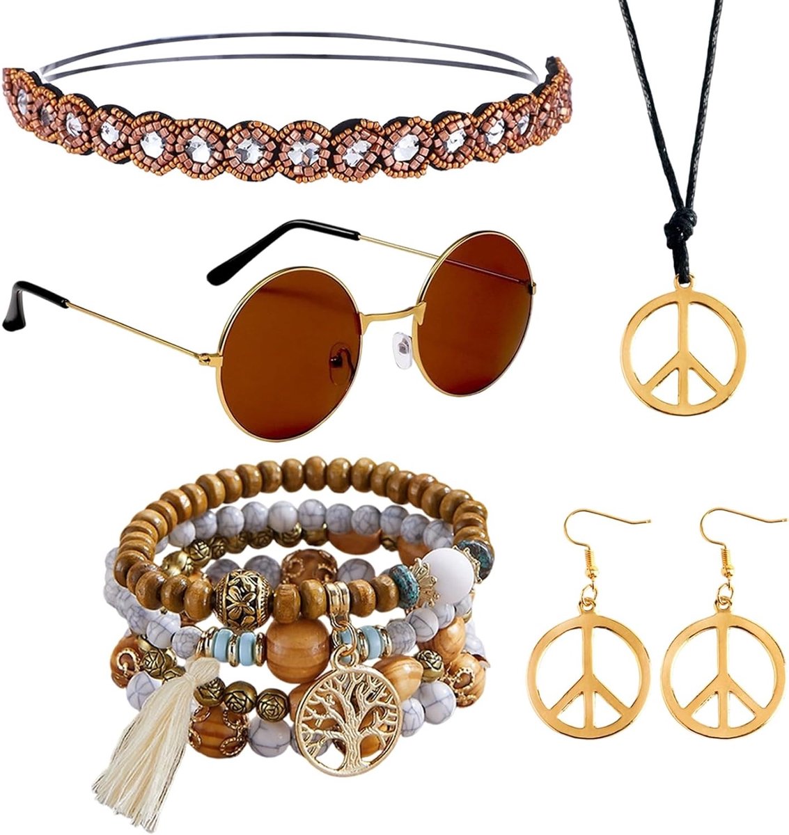 Hippie accessoires voor vrouwen: kostuums, sieraden, haarbanden, armbanden en zonnebrillen voor carnaval en festivals in de jaren '60 en '70