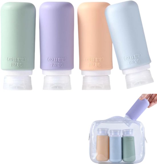 Reisflessen - Set van 4 - Gemaakt van siliconen - Lekvrij - Reisset - Geschikt voor shampoo, crème, vloeistoffen en lotions - 98 ml