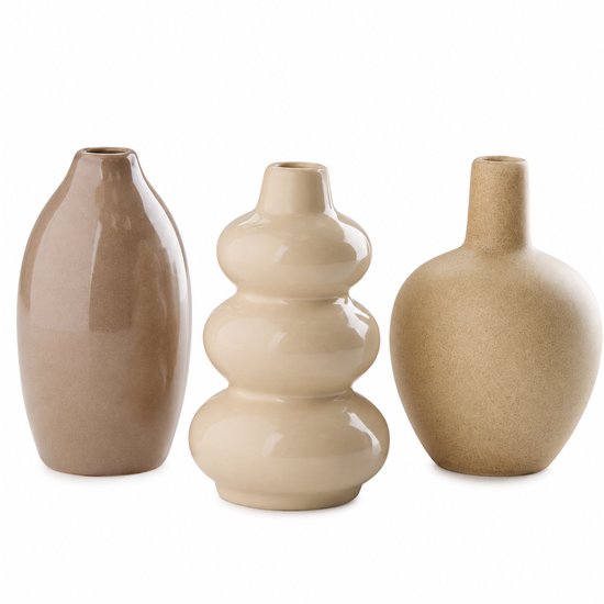 Vaas Set 3 Stuks Beige/Bruin – Kleine Keramieken Vazen Ø6x10 cm – Moderne Decoratieve Steengoed Vaasjes voor Woonkamer & Tafeldecoratie