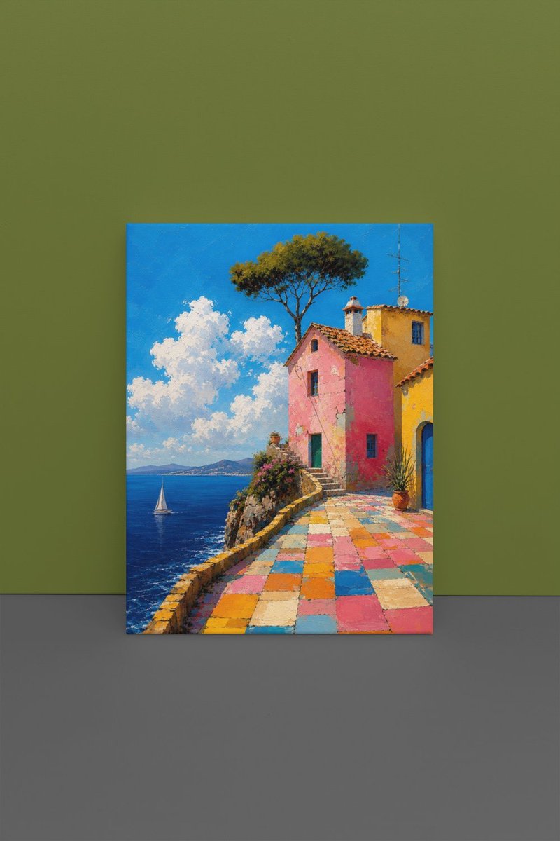 Trendex Global Canvas Schilderij Kleurrijke Kuststraat – Luxe Wanddecoratie Zeezicht 100x75 cm