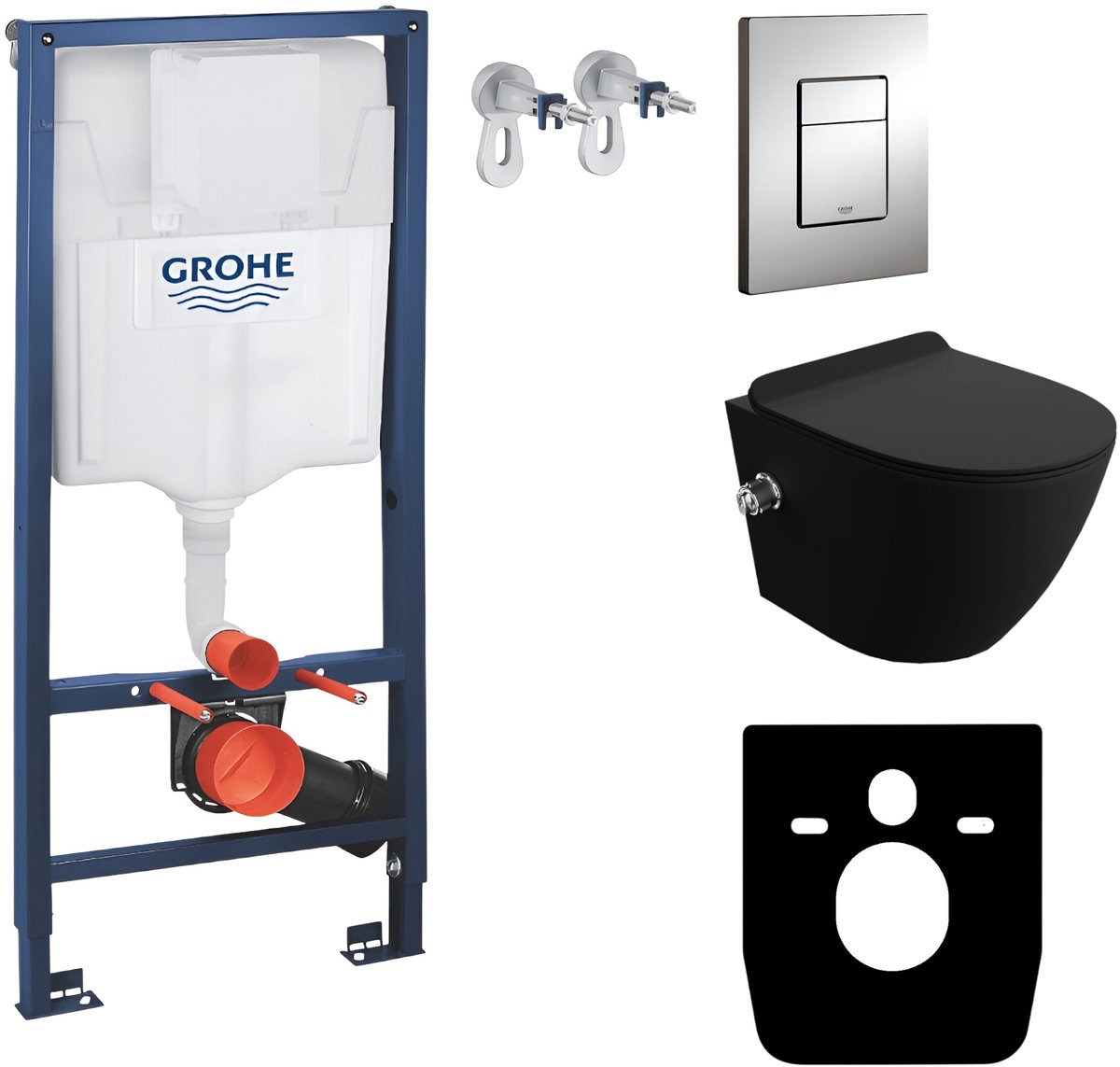 Inbouwreservoir Complete Toiletset Grohe Solido 39069000 - Inbouw WC Hangtoilet Wandcloset Salto Black - Bedieningsplaat EVEN 4in1 Chroom - Voorwandelement - Installatiesysteem