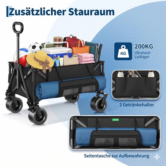 Opvouwbare strandkar met grote all-terrain wielen - inklapbare handkar campingkar tuinkar picknick - 600D Oxford versterkt stalen frame - voor strand tuin festival - verstelbaar handvat - draagbaar compact opvouwbaar - zwart — afbeelding 4