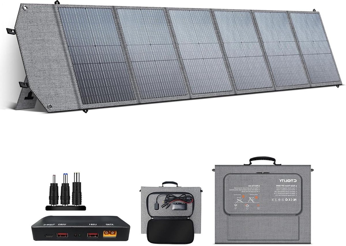 Opvouwbaar Zonnepaneel - Draagbare Zonne-oplader - Energie Opwekken - Veelzijdige Aansluitingen - 200 Watt - Zwart