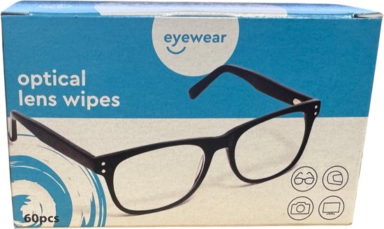 Verpakking met 60 'eyewear optical lens wipes', met zwarte bril afgebeeld.