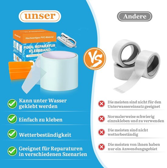 Zwembad reparatieset - Onderwater tape - Lekkages dichten - Zelfklevend PVC - 10x500 cm - Transparant — afbeelding 2